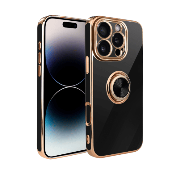 Etui do iPhone 14 Pro eleganckie, ze złotym, metalowym uchwytem i zdobieniami, osłona na aparat, czarne, nowe (8)
