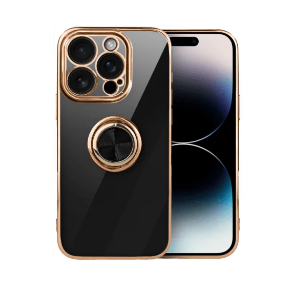 Etui do iPhone 14 Pro eleganckie, ze złotym, metalowym uchwytem i zdobieniami, osłona na aparat, czarne, nowe (9)