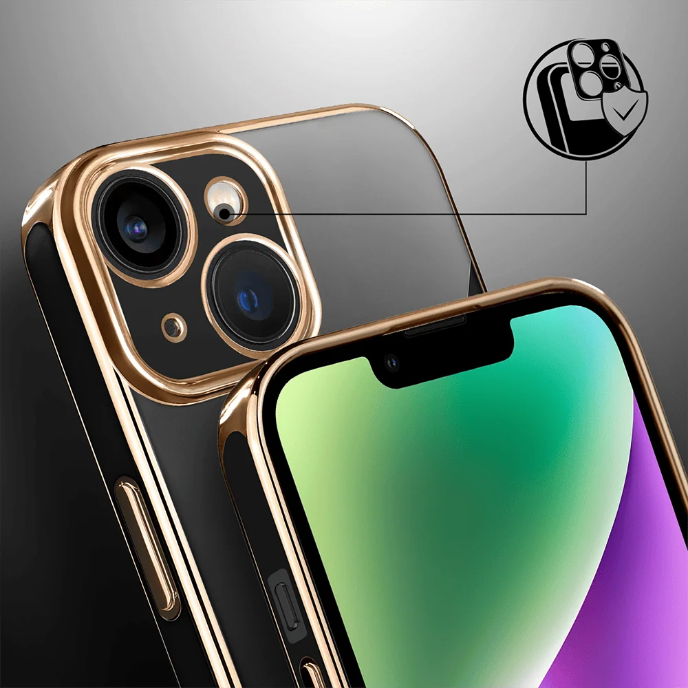 Etui do iPhone 14 eleganckie, ze złotym, metalowym uchwytem i zdobieniami, osłona na aparat, czarne,nowe (10)
