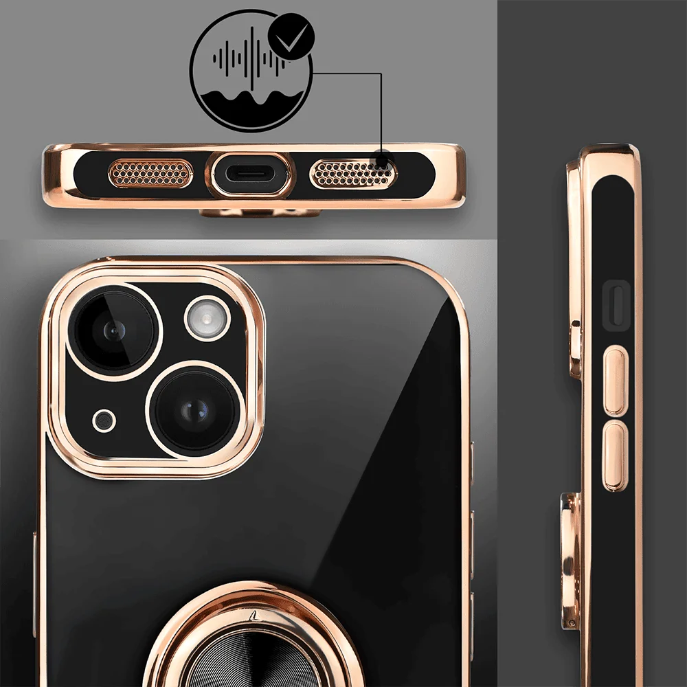 Etui do iPhone 14 eleganckie, ze złotym, metalowym uchwytem i zdobieniami, osłona na aparat, czarne,nowe (2)