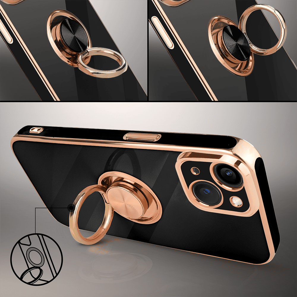 Etui do iPhone 14 eleganckie, ze złotym, metalowym uchwytem i zdobieniami, osłona na aparat, czarne,nowe (5)