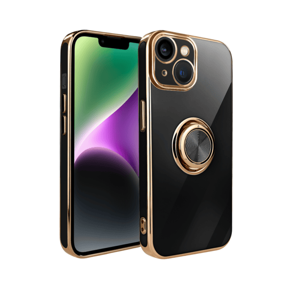 Etui do iPhone 14 eleganckie, ze złotym, metalowym uchwytem i zdobieniami, osłona na aparat, czarne,nowe (6)