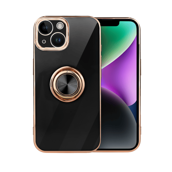 Etui do iPhone 14 eleganckie, ze złotym, metalowym uchwytem i zdobieniami, osłona na aparat, czarne,nowe (7)