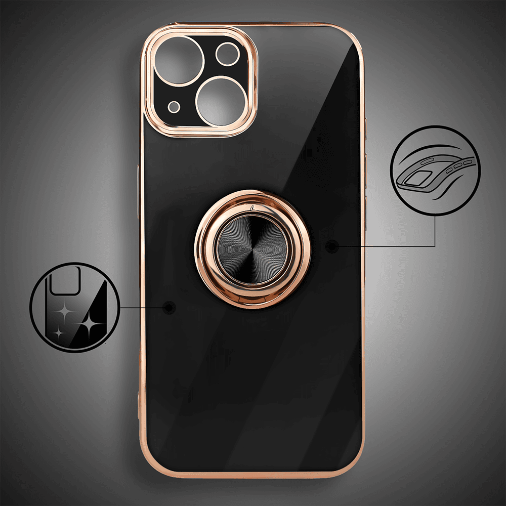 Etui do iPhone 14 eleganckie, ze złotym, metalowym uchwytem i zdobieniami, osłona na aparat, czarne,nowe (8)