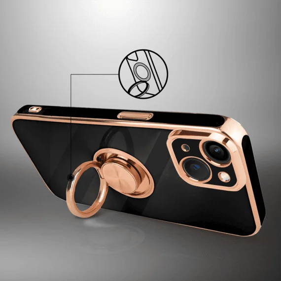 Etui do iPhone 14 eleganckie, ze złotym, metalowym uchwytem i zdobieniami, osłona na aparat, czarne,nowe (9)