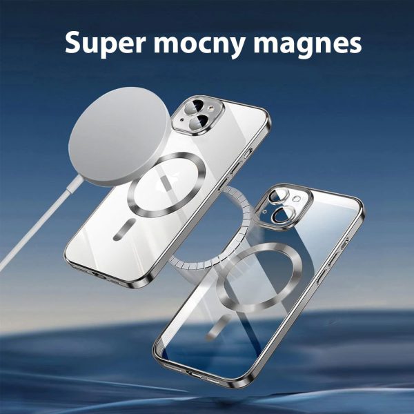 etui do iphone 14 magsafe luxury protect przeźroczyste, szklana ochrona kamery, srebrne