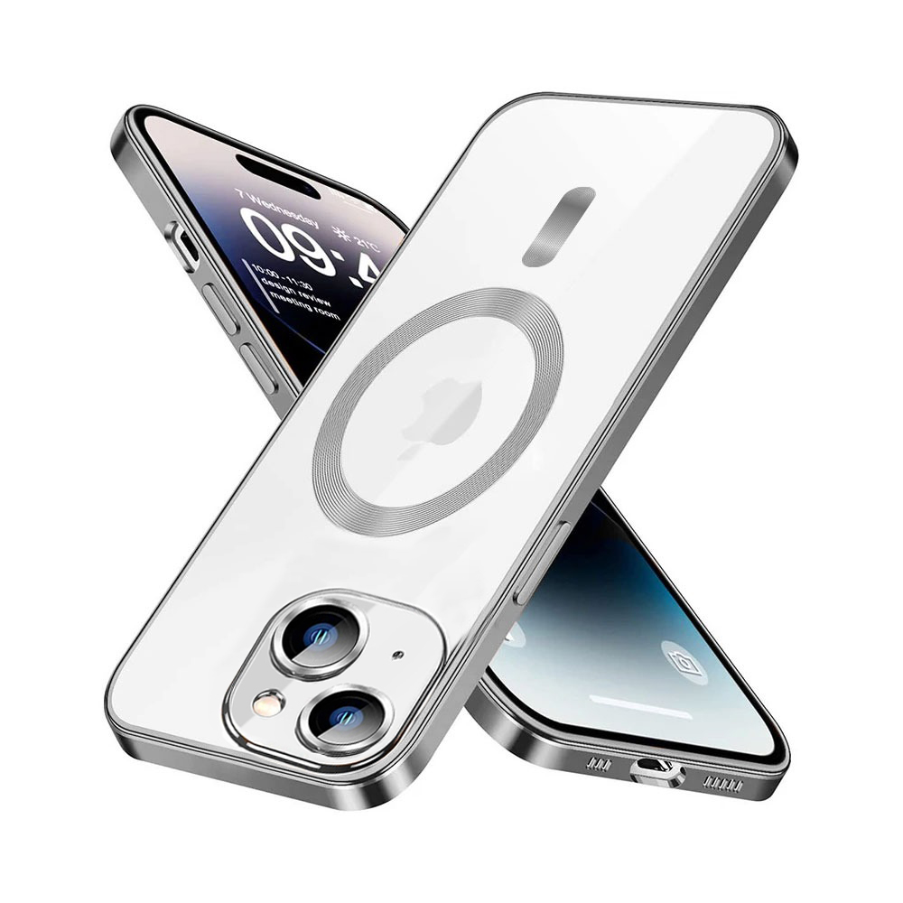Etui do iPhone 14 Plus MagSafe Luxury Protect przeźroczyste, hybrydowa ochrona kamery, srebrne