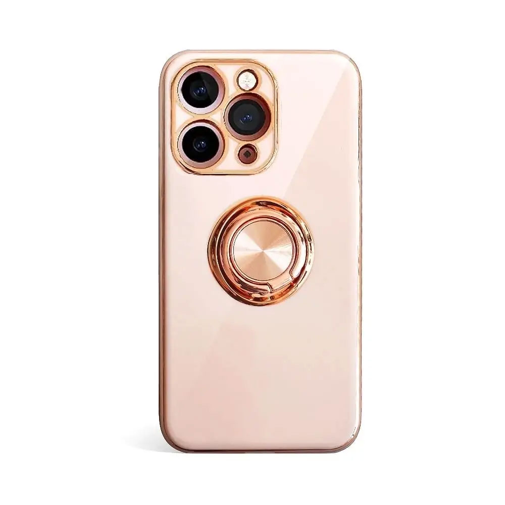 Etui do iPhone 14 Pro eleganckie, ze złotym, metalowym uchwytem i zdobieniami, złoty róż