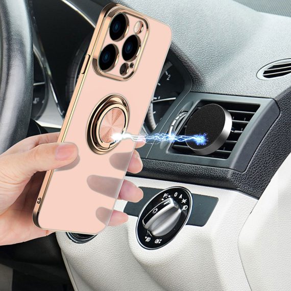 etui do iphone 14 eleganckie, ze złotym, metalowym uchwytem i zdobieniami, złoty róż