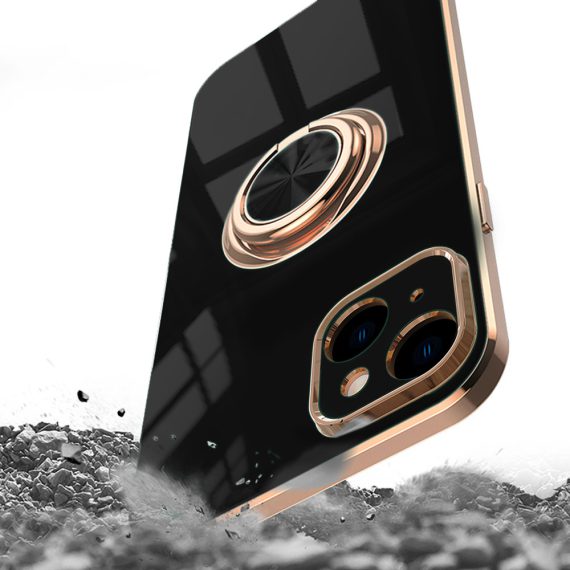 etui do iphone 14 eleganckie, ze złotym, metalowym uchwytem i zdobieniami, czarne