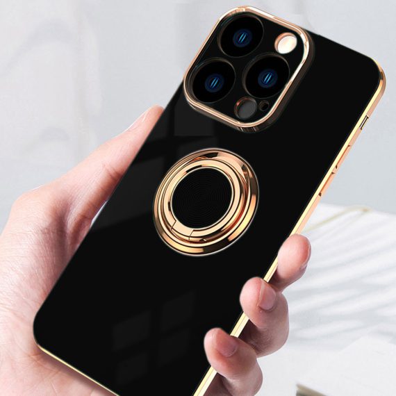 etui do iphone 14 pro eleganckie, ze złotym, metalowych uchwytem i zdobieniami, czarne