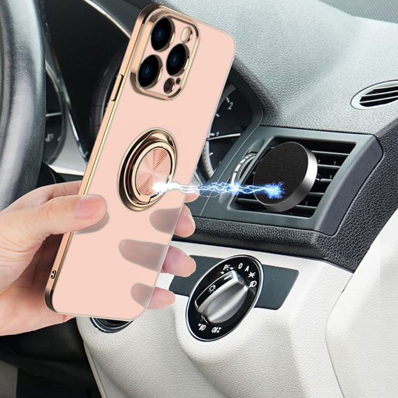 etui do iphone 13 pro eleganckie, ze złotym, metalowym uchwytem i zdobieniami, złoty róż
