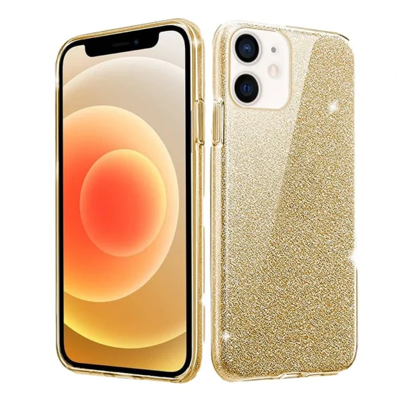 etui do iphone 12 z brokatem i wycięciem na logo silikonowe, złote