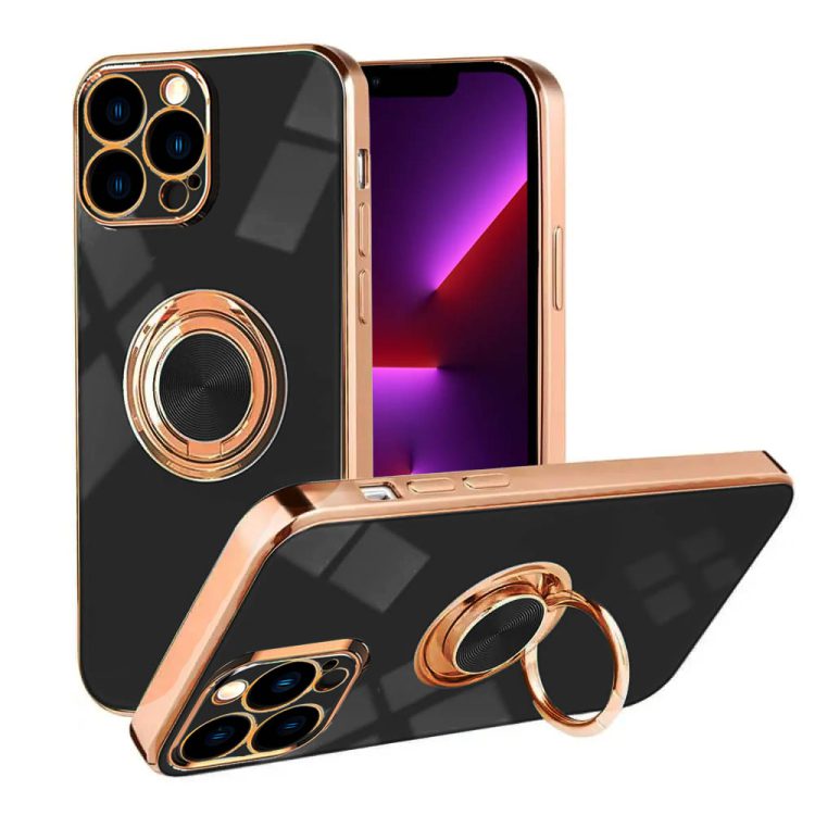 etui do iphone 13 pro max eleganckie, ze złotym, metalowych uchwytem i zdobieniami, czarne
