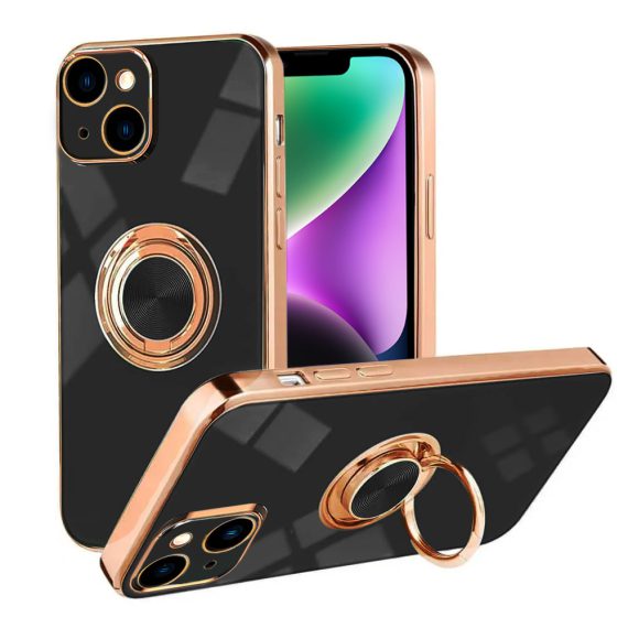 etui do iphone 14 eleganckie, ze złotym, metalowym uchwytem i zdobieniami, czarne