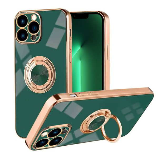 etui do iphone 13 pro eleganckie, ze złotym, metalowych uchwytem i zdobieniami, zielone