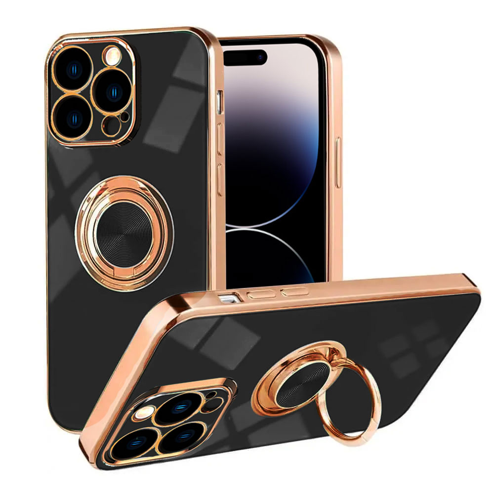Etui do iPhone 14 Pro eleganckie, ze złotym, metalowym uchwytem i zdobieniami, czarne
