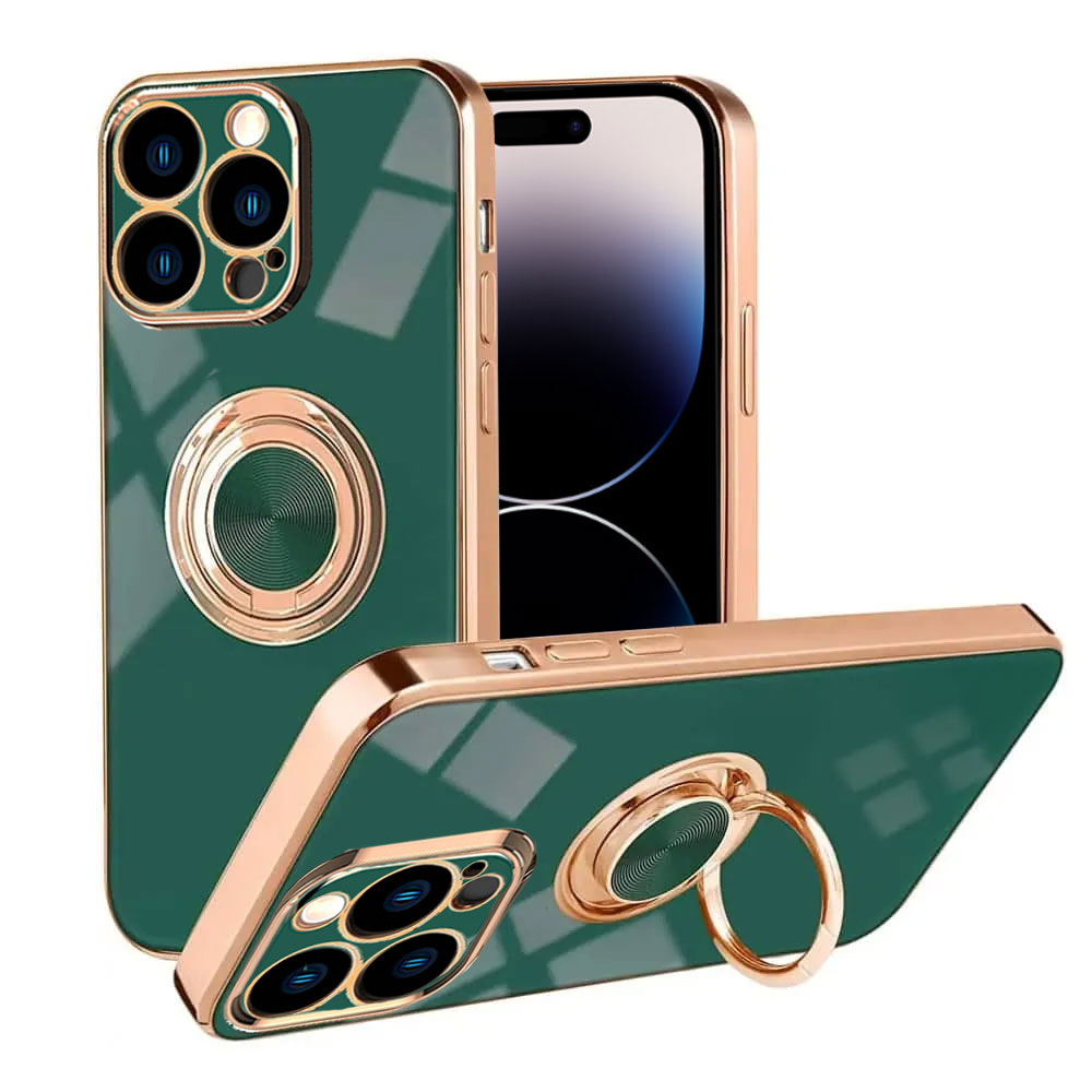 Etui do iPhone 14 Pro Max eleganckie, ze złotym, metalowym uchwytem i zdobieniami, zielone
