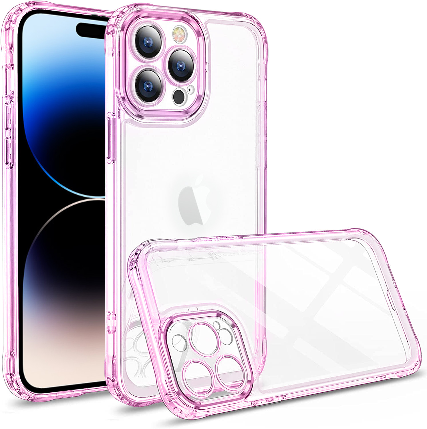 Etui do iPhone 14 Pro Max pancerne, wzmocnione boki, szklany tył transparentne, różowe