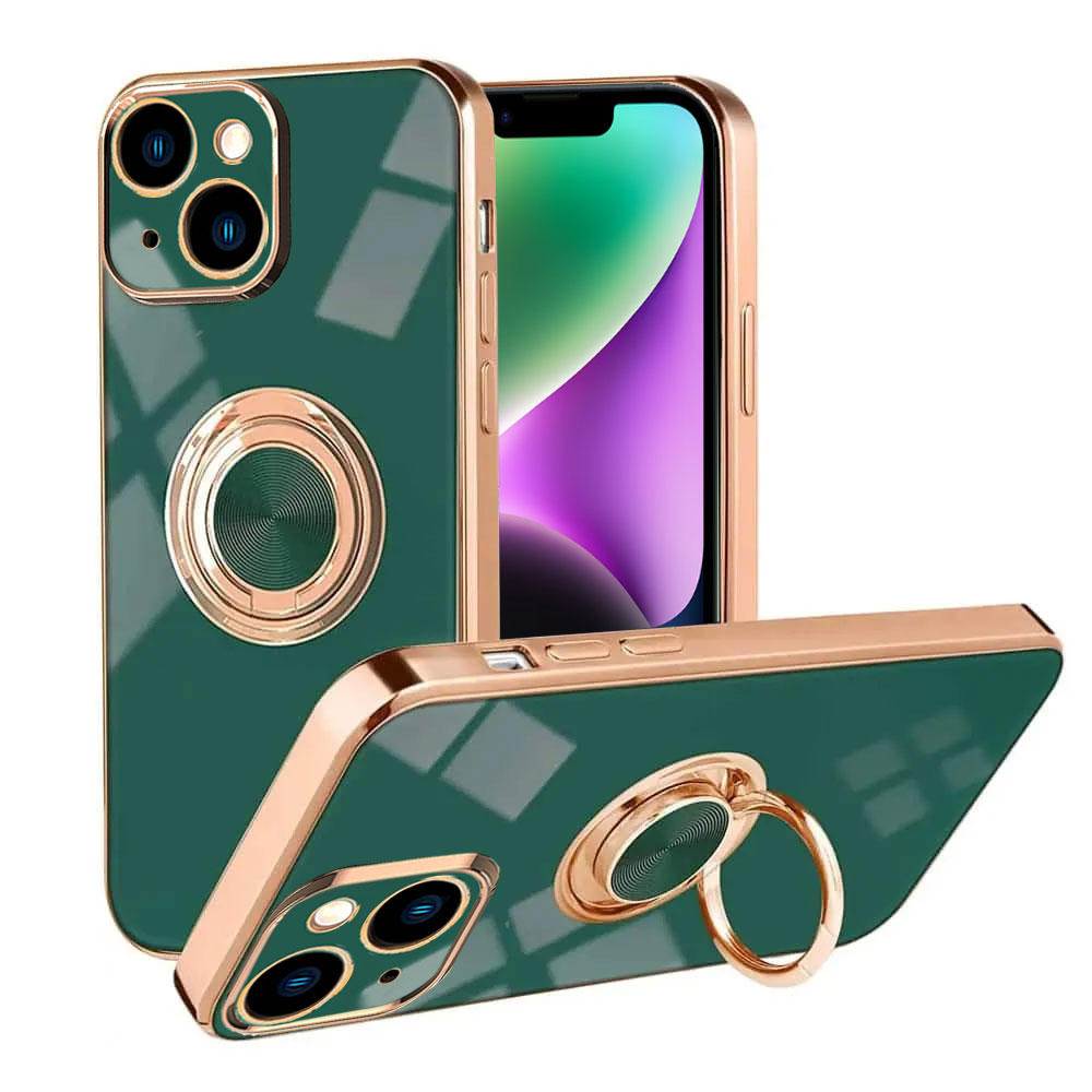 Etui do iPhone 14 eleganckie, ze złotym, metalowym uchwytem i zdobieniami, zielone