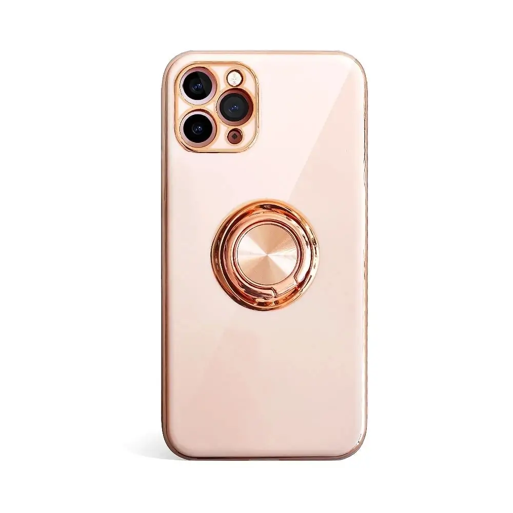 Etui do iPhone 13 Pro eleganckie, ze złotym, metalowym uchwytem i zdobieniami, z osłoną na aparat, złoty róż