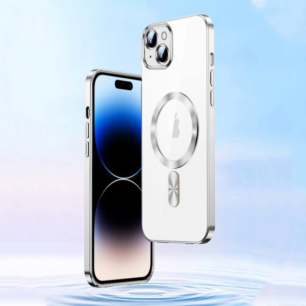 etui do iphone 14 magsafe luxury protect przeźroczyste, szklana ochrona kamery, srebrne