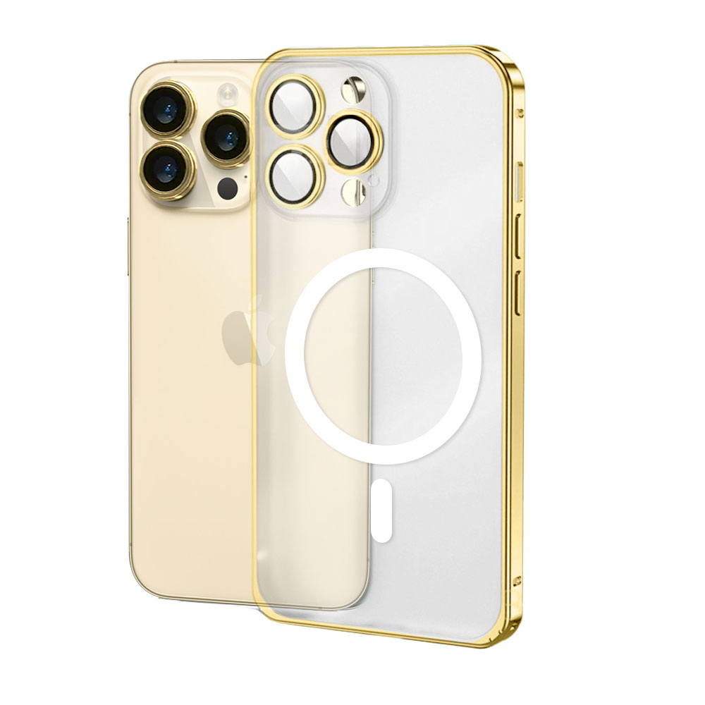 Etui do iPhone 14 Pro Max Magsafe Metalic Gold Frame Oryginal matowe, ochrona aparatu, złota ramka