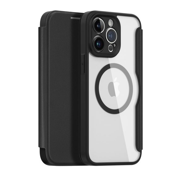 etui do iphone 14 pro max zamykane książka z magsafe, czarne,przeźroczysty tył