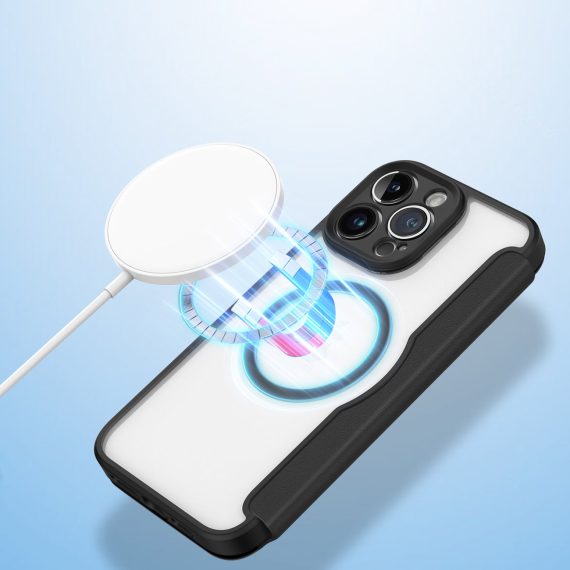 etui do iphone 14 pro max zamykane książka z magsafe, czarne,przeźroczysty tył