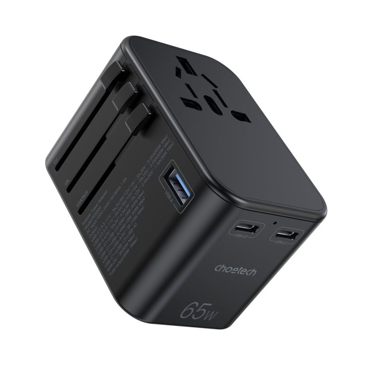 Szybka uniwersalna ładowarka sieciowa podróżna GaN 2 x USB Typ C + USB 65W Power Delivery, czarny