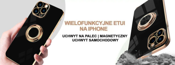 etui do iphone 13 pro max eleganckie, ze złotym, metalowych uchwytem i zdobieniami, czarne