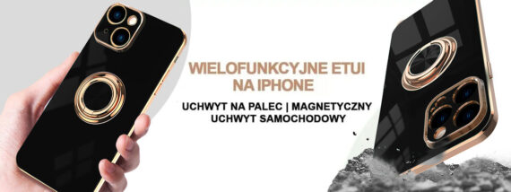 etui do iphone 14 eleganckie, ze złotym, metalowym uchwytem i zdobieniami, czarne