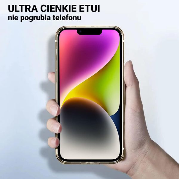 etui do iphone 14 elite skin ultra cienkie, krystalicznie czyste z metalową ramką, złote z magsafe