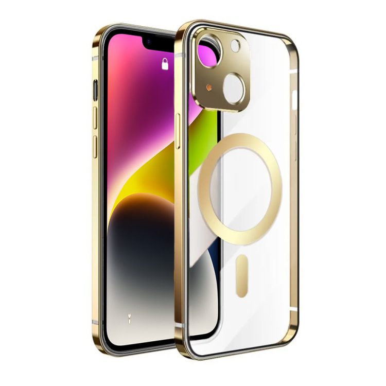 etui do iphone 14 elite skin ultra cienkie, krystalicznie czyste z metalową ramką, złote z magsafe