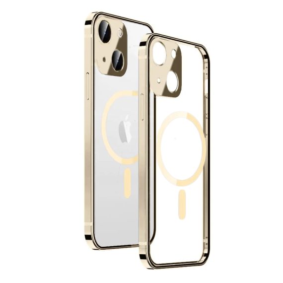 etui do iphone 14 elite skin ultra cienkie, krystalicznie czyste z metalową ramką, złote z magsafe