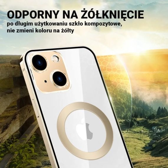 etui do iphone 14 elite skin ultra cienkie, krystalicznie czyste z metalową ramką, złote z magsafe