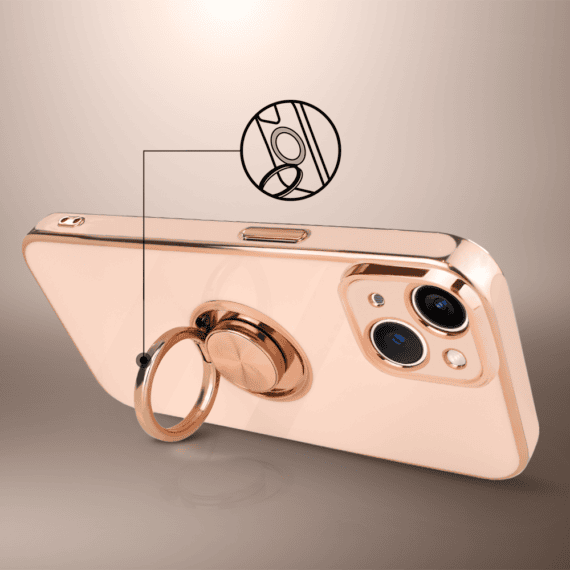 Etui do iPhone 14 Plus eleganckie, ze złotym, metalowym uchwytem i zdobieniami, osłona na aparat, złoty róż, nowe (1)