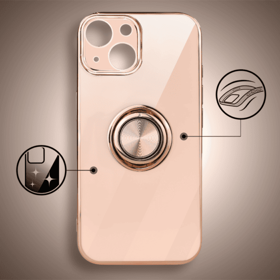 Etui do iPhone 14 Plus eleganckie, ze złotym, metalowym uchwytem i zdobieniami, osłona na aparat, złoty róż, nowe (10)