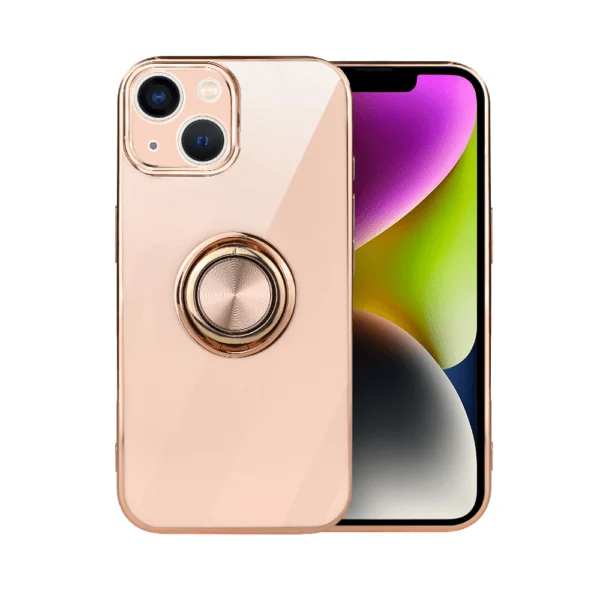 Etui do iPhone 14 Plus eleganckie, ze złotym, metalowym uchwytem i zdobieniami, osłona na aparat, złoty róż