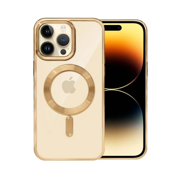 Złoty iPhone z trzema aparatami i MagSafe.