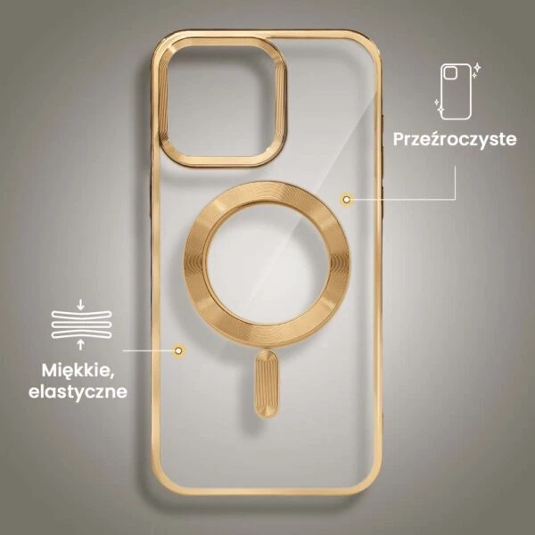 Etui na telefon z uchwytem, przezroczyste, złote akcenty.