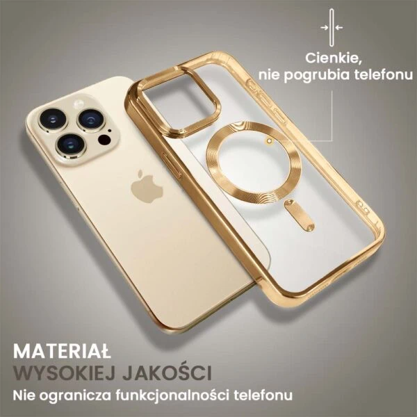 Przezroczyste etui na iPhone, złote akcenty, elegancki design.