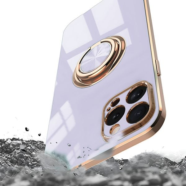etui do iphone 14 pro eleganckie, ze złotym, metalowym uchwytem i zdobieniami, fioletowe liliowe