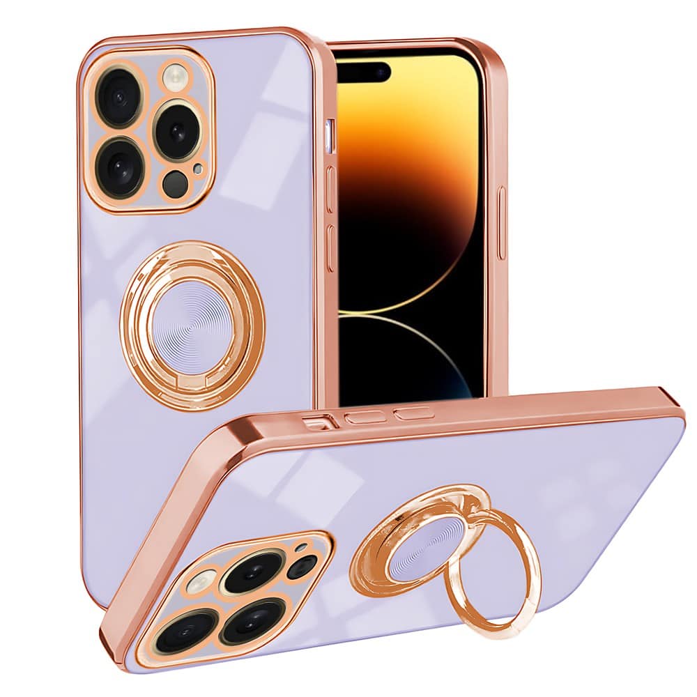 etui do iphone 14 pro eleganckie, ze złotym, metalowym uchwytem i zdobieniami, fioletowe liliowe