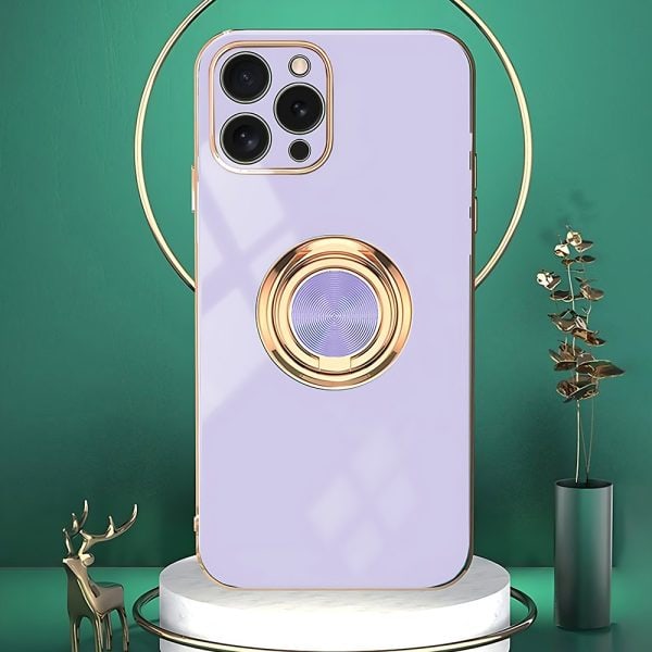 etui do iphone 14 pro eleganckie, ze złotym, metalowym uchwytem i zdobieniami, fioletowe liliowe