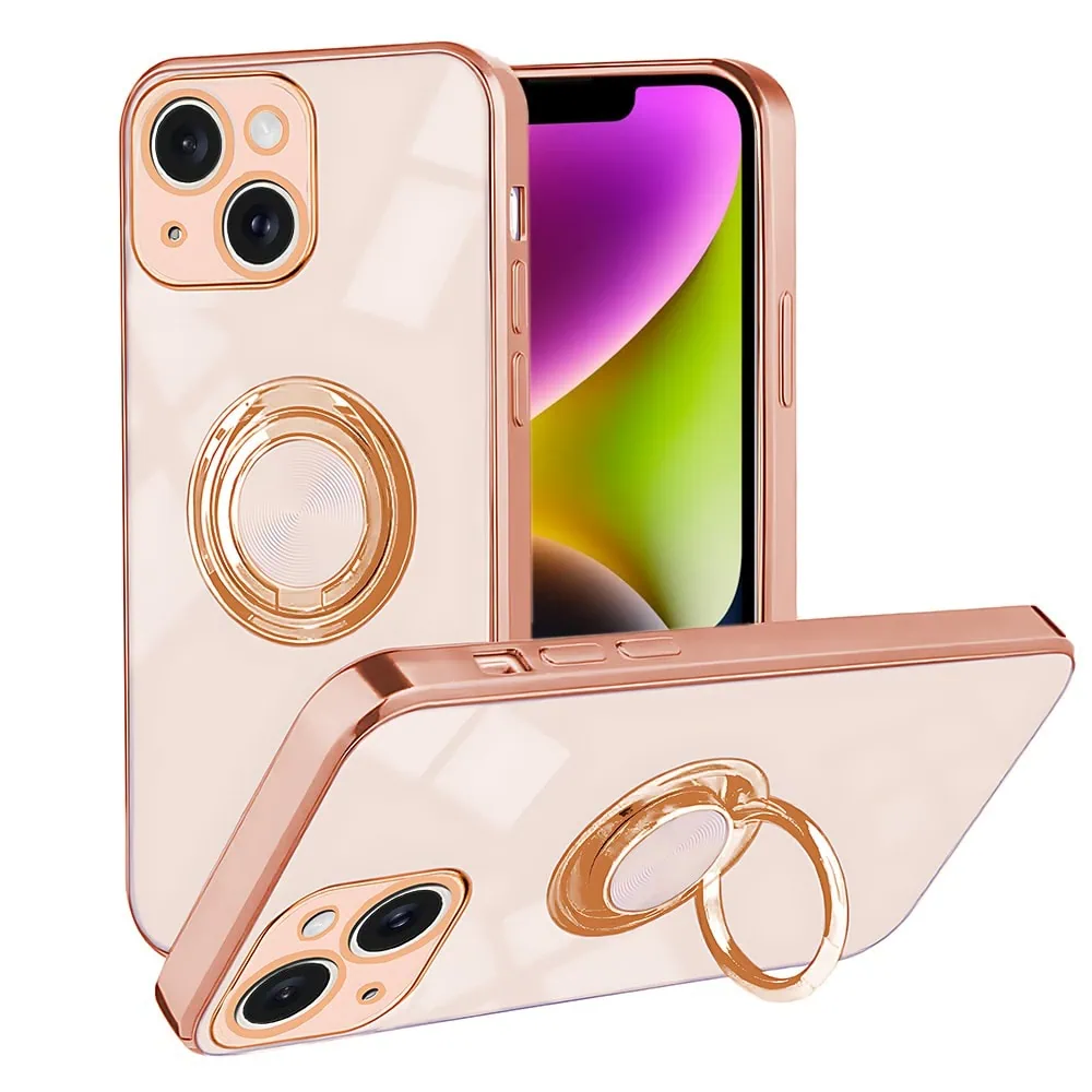 etui do iphone 14 eleganckie, ze złotym, metalowym uchwytem i zdobieniami, osłona na aparat, złoty róż