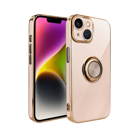 Etui do iPhone 14 eleganckie, ze złotym, metalowym uchwytem i zdobieniami, osłona na aparat, złoty róż1