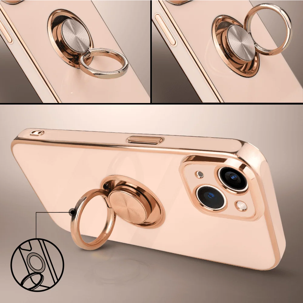 Etui do iPhone 14 eleganckie, ze złotym, metalowym uchwytem i zdobieniami, osłona na aparat, złoty róż10