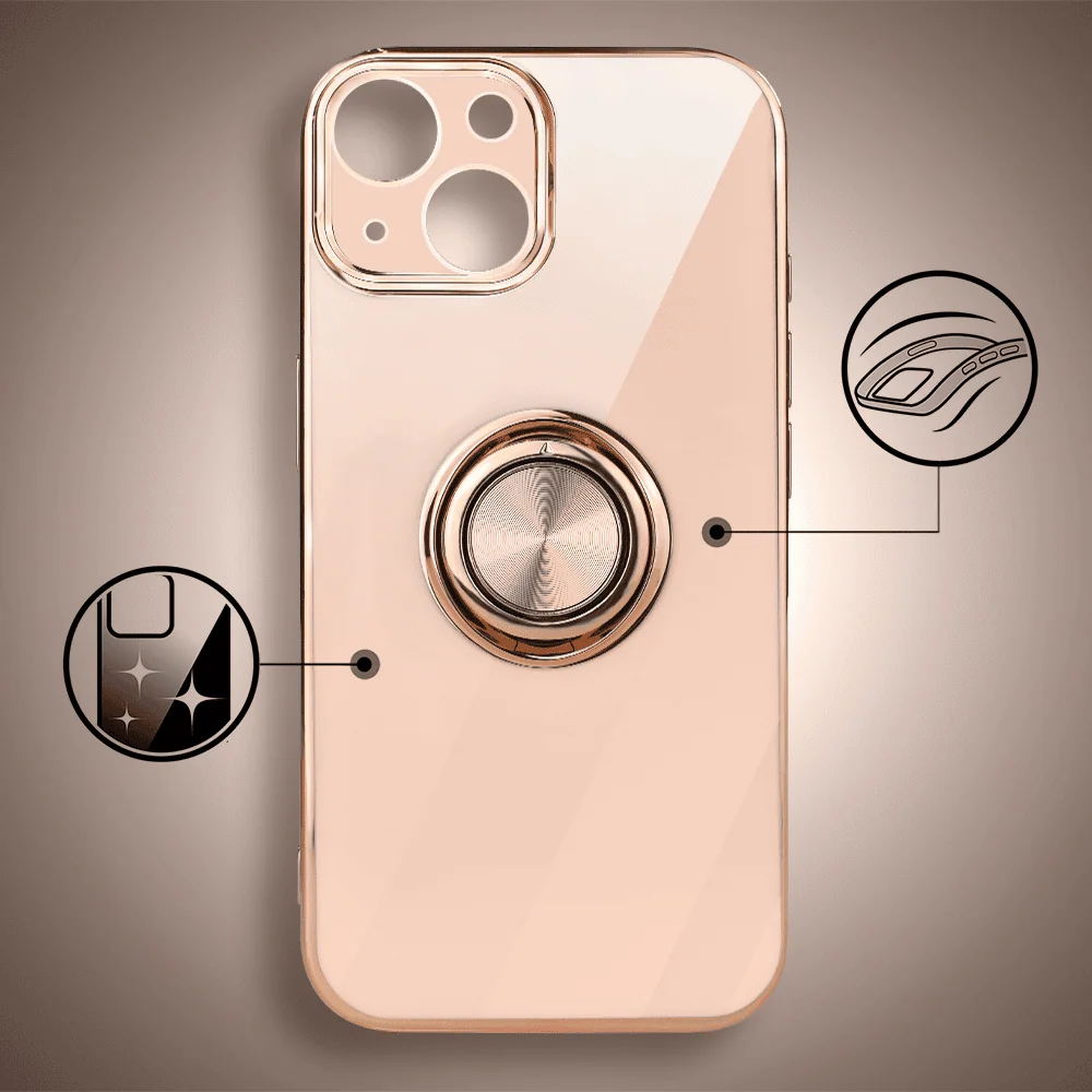 Etui do iPhone 14 eleganckie, ze złotym, metalowym uchwytem i zdobieniami, osłona na aparat, złoty róż3