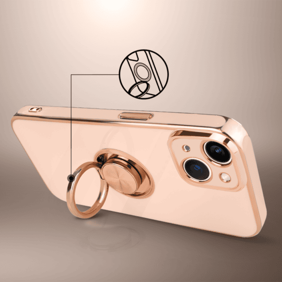 Etui do iPhone 14 eleganckie, ze złotym, metalowym uchwytem i zdobieniami, osłona na aparat, złoty róż4